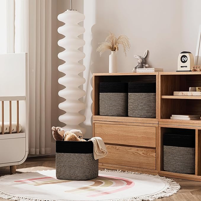 joybest 13x13x13inch Cube Storage Bins Set of 4, Cotton Rope Woven Organizer Basket for Shelves, Cube Bin Square Shelves Organizer Closet Storage, Nursery, Toy Organization, Black&Dark Brown