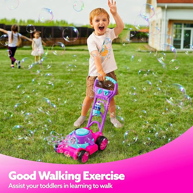 SLOOSH Bubble Lawn Mower Toddler Toys - Spill-Proof Bubble Machine Pretend Gardening Toy for Age 1 2 3 1-3 Year Old Toddler Indoor Outdoor Use, Baby Girl Push Toys Xmas Christmas Birthday Gift (Pink)
