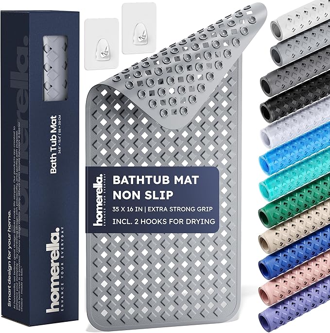homerella® Bathtub Mat Non Slip 35x16, Incl. Hooks for Drying, Extra Long, 100% BPA Free, Shower Mat Non Slip Anti Mold, Machine Washable, Shower Mats for Inside Shower Mildew Resistant