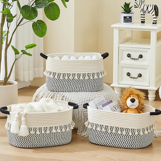 BUBUSUN Storage Bins Woven Baskets for Storage Set of 3, Cotton Rope Basket with Handles for Toys/Shelves/Laundry, Rectangle Multi-Purpose Organizer for Living Room, Bedroom, Nursery (White/Black)