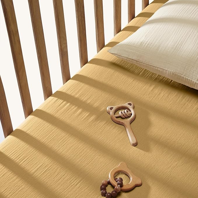 Bioweaves Organic Cotton Muslin Mini Crib Sheet, GOTS Certified Fitted Mini Crib Mattress Sheet, Extra Soft & Breathable for Toddler, Baby Boys & Girls, 38" x 24", 5 Inch Pocket, Honey Glow
