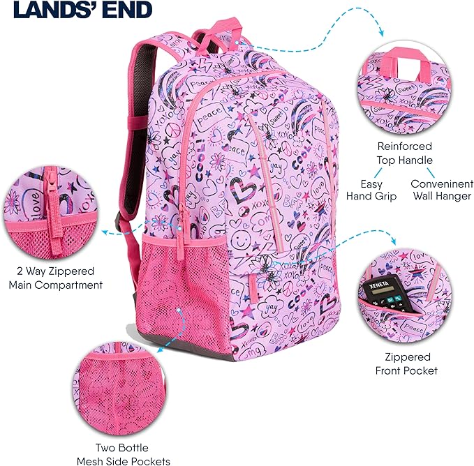Lands' End Unisex Kids Medium ClassMate Lightweight Durable Elementary School Backpack, Fuchsia Pink