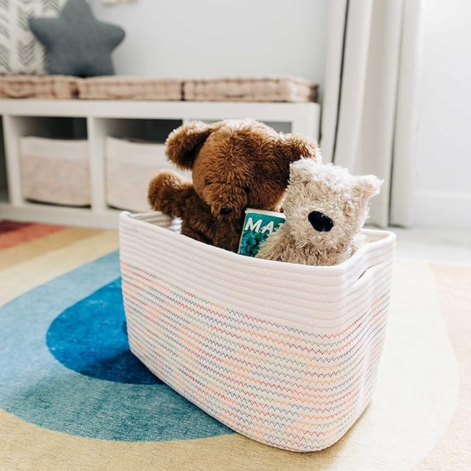 OrganiHaus Set of 3 Woven Storage Baskets for Shelves, Decorative Organizer Bins for Closet & Bathroom, Multipurpose Home Organization Baskets, Toy Storage Basket - Rainbow Stitches 15x9x10 inches