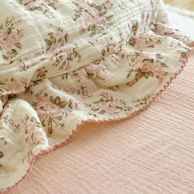 BuLuTu Girls Toddler Kids Duvet Cover Pink Floral Chic Duvet Covers with Ruffles Muslin Cotton Soft Comforter Cover, 47"x59", Soft Lightweight, Machine Wash, No Pillowcases/Comforter