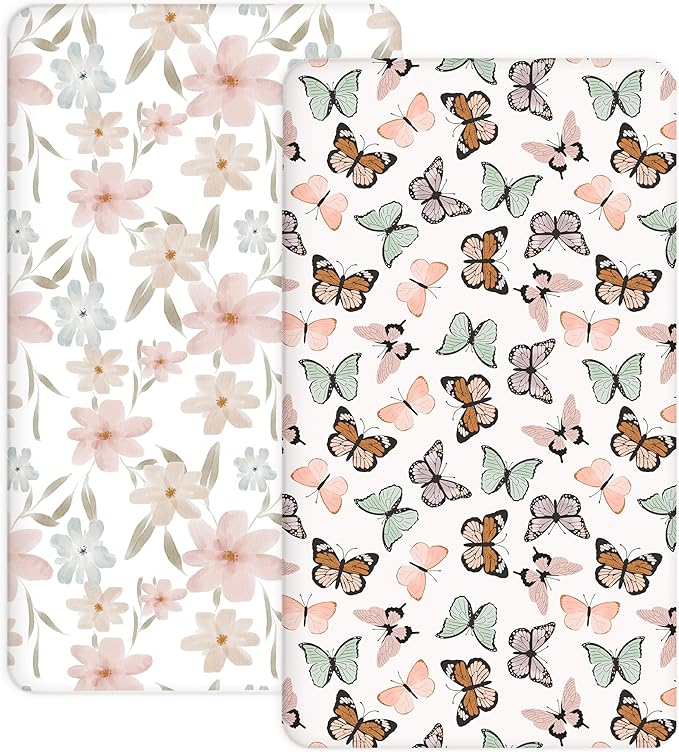 Crib Sheets for Boys and Girls, 2 Pack Fitted Baby Sheets for Standard Toddler Mattress 28" x 52", Soft Breathable Jersey Knit Baby Bedding (Butterfly Dance)