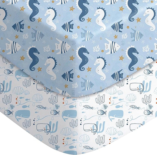 Yoofoss Baby Pack and Play Sheets 2 Pack for Boys and Girls - 38x26 Mini Crib Sheets Fitted Neutral Compatible with Graco Pack n Play Mattress,Ultra Soft Breathable Microfiber Underwater World