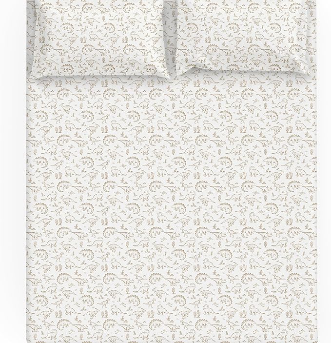 MakeMake Organics Organic Twin Fitted Sheet Set GOTS Certified Organic Cotton Fitted Sheet with 1 Pillowcase Ultra Soft Non Toxic Breathable Hypoallergenic (40"X76", Dino Dreams)