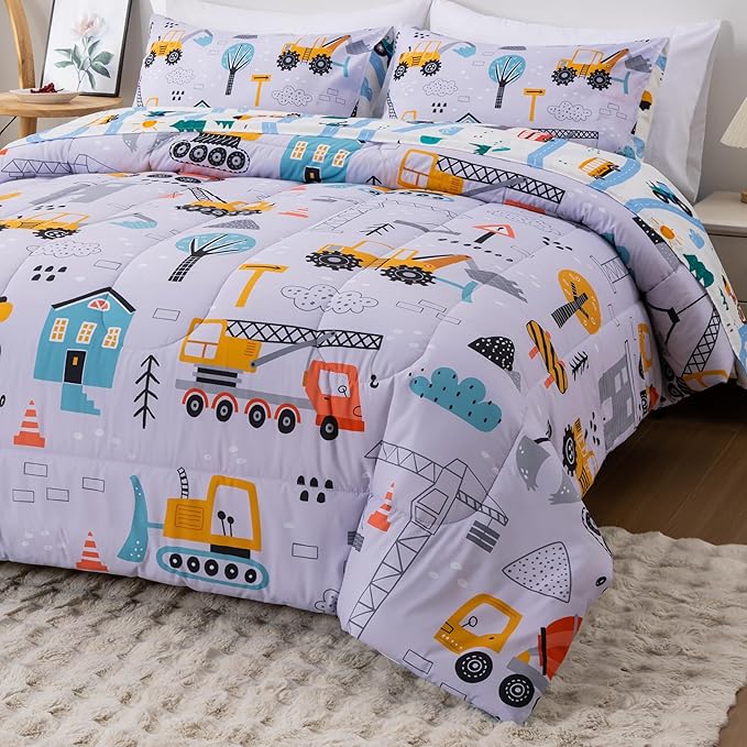 NTBED 5 Pieces Construction Cars Comforter Set Full for Boys Kids Bed in a Bag Vehicles Transportation Lightweight Microfiber Bedding Sets,Light Grey