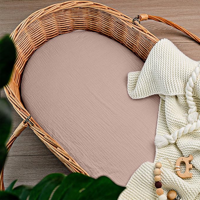 Muslin Bassinet Fitted Sheets, 2 Pack for Baby Boy and Girl, Soft Breathable Stretchy Baby Pad/Mattress Sheet Set, Universal Fit for Hourglass Oval and Rectangle Bassinet Mattress (Gentle Colors)