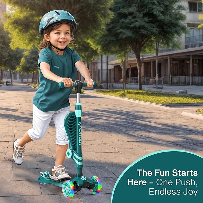 Aqua 3 Wheel Scooter with Seat for Kids, Light-Up Wheels, Adjustable Lean to Steer Handlebar and Seat, Smooth Wheels, Wide No-Slip Deck, Rear Foot Brake, Toddler Outdoor Toys for Ages 2+