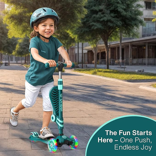 Aqua 3 Wheel Scooter with Seat for Kids, Light-Up Wheels, Adjustable Lean to Steer Handlebar and Seat, Smooth Wheels, Wide No-Slip Deck, Rear Foot Brake, Toddler Outdoor Toys for Ages 2+