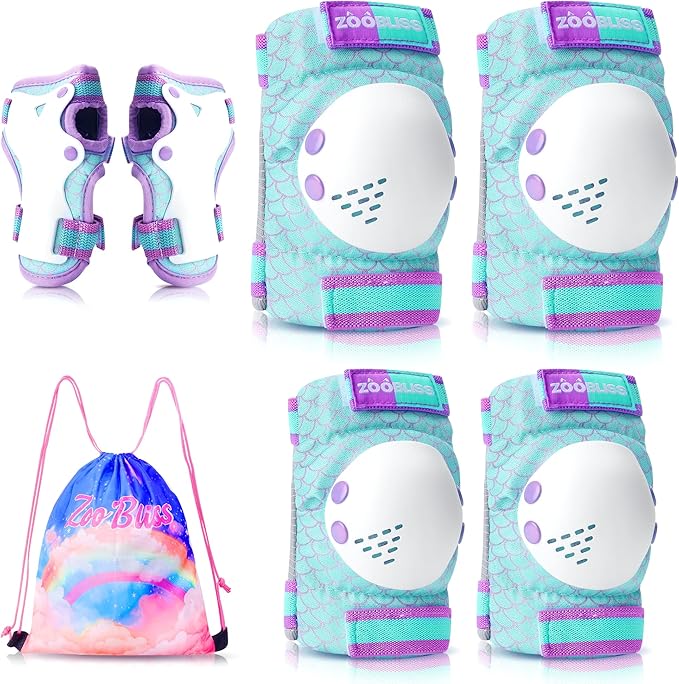 Knee Pads for Kids - ZOOBLISS Toddler Knee and Elbow Pads Set Wrist Guards for Skating Girls Aged 3-12, Kids Protective Gear for Roller Skates Skateboard Bike Scooter, Included Drawstring Bag(Rainbow)