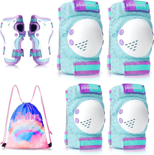 Knee Pads for Kids - ZOOBLISS Toddler Knee and Elbow Pads Set Wrist Guards for Skating Girls Aged 3-12, Kids Protective Gear for Roller Skates Skateboard Bike Scooter, Included Drawstring Bag(Rainbow)