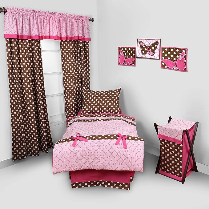 Bacati Butterflies/Ladybug Pink/Chocolate 4 Piece Girls Toddler Bedding Set, 100 Percent Cotton Includes Reversible Comforter, Fitted Sheet, Top Sheet and Pillow Case for US Standard Toddler Bed