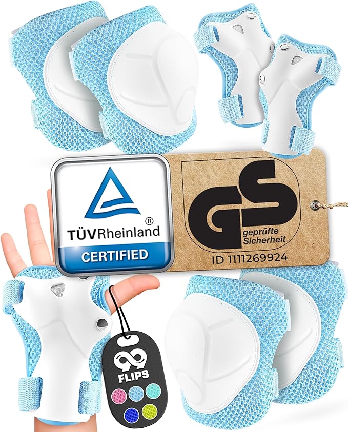 99FLIPS Knee Pads for Kids 3-12 Years - 6pcs Complete Set Certified by TÜV Rheinland - Knee Pads Elbow Pads and Wrist Guards for Kids and Toddler - Skateboard Roller Skates Scooter