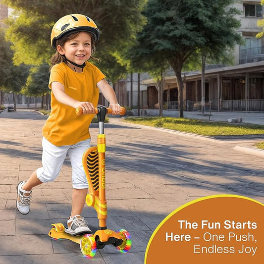 Orange 3 Wheel Scooter with Seat for Kids, Light-Up Wheels, Adjustable Lean to Steer Handlebar and Seat, Smooth Wheels, Wide No-Slip Deck, Rear Foot Brake, Toddler Outdoor Toys for Ages 2+