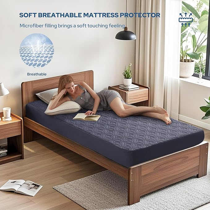 BEDLORE 2 Pack Waterproof Mattress Protector, Twin XL Size Mattress Pad with Deep Pocket 6"-15" Depth, Soft Breathable Bed Mattress Cover for Bedroom, College Dorm (Navy Blue)