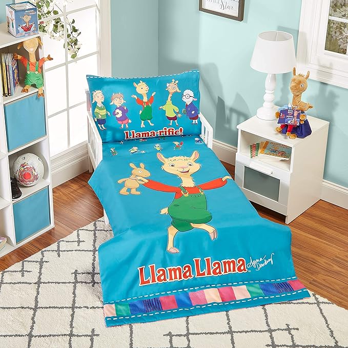 EVERYDAY KIDS Llama Llama 4 Pc Toddler Bedding Set with Comforter, Flat Sheet, Fitted Sheet and Pillowcase Bright Blue Toddler Bed Set Features Llama Llama and Friends