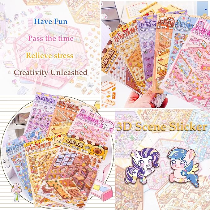 DIY 3D House Sticker, 6 Sets of Sticker Make Your Own Mini Shop Scenes Stickers for Kids Kawaii Cartoon Scene Stickers for Adult Relief Stress, Holiday & Christmas Fun