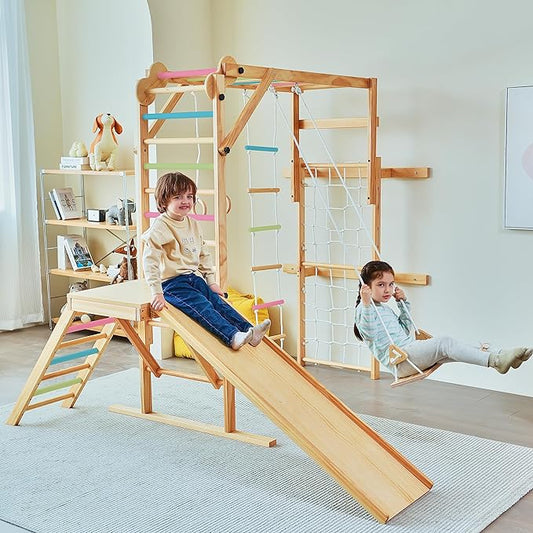 Avenlur Grove 8-in-1 Indoor Jungle Gym with Gymnastic Rings, Climbing Rope, Swing, Slide, Monkey Bars, Rope Wall Net, and Wooden and Rope Ladder - Jungle Play Set for Kids Ages 2-11 Years Old