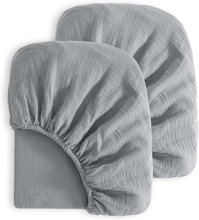 NTBAY 2 Pack Muslin Cotton Crib Sheets, Soft and Breathable Double Layer 28x52 Baby Crib Sheets for Standard Crib and Toddler Mattresses, Boys, Girls, Unisex, Grey, 28x52 Inches