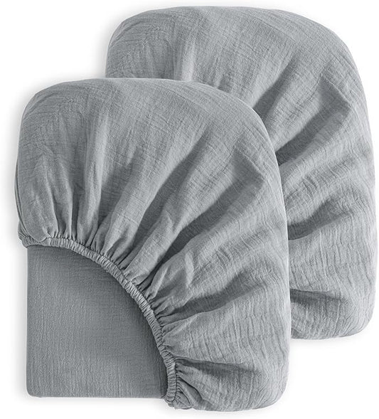 NTBAY 2 Pack Muslin Cotton Crib Sheets, Soft and Breathable Double Layer 28x52 Baby Crib Sheets for Standard Crib and Toddler Mattresses, Boys, Girls, Unisex, Grey, 28x52 Inches