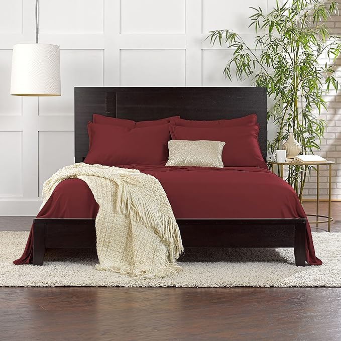 Pure Bamboo Queen Sheets, Genuine 100% Organic Viscose Derived from Bamboo Bed Sheet Set, Luxuriously Soft & Cooling, Double Stitching, 2 Year Quality Promise (Queen, Merlot)