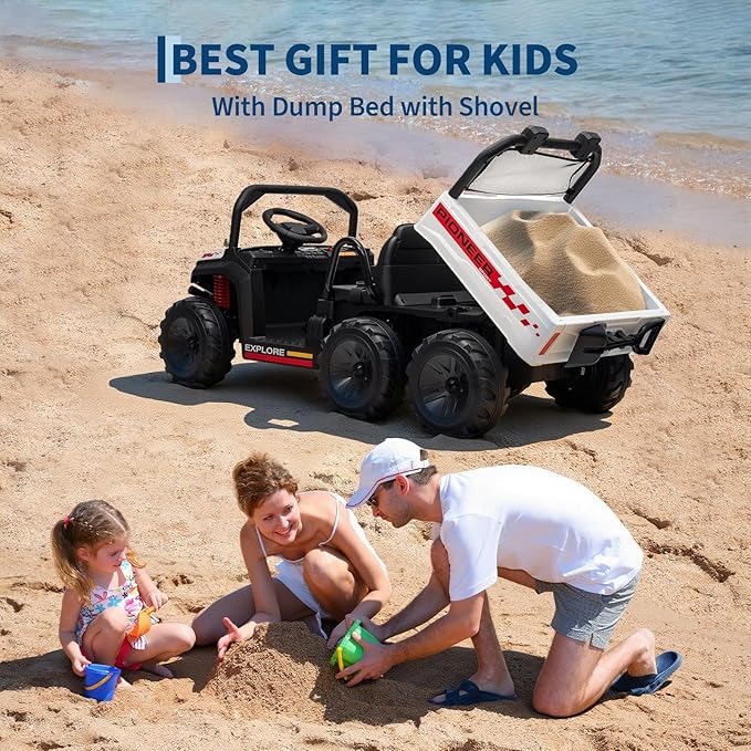 24V 4WD Electric Dump Truck for Kids, 2 Seater Remote Control Ride On Car with Dump Bed, All Terrain Vehicle Toy for Boys & Girls 3-8 Years Old, White