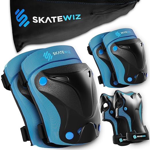 SKATEWIZ Knee Pads for Kids - Knee and Elbow Pads Set - PROTECT-1 - Size S Blue - Wrist Guards Skating Protective Gear, Skateboard, Roller Skate, Ice Skates For Kids