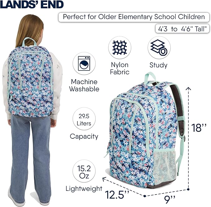Lands' End Unisex Kids Large ClassMate Lightweight Durable Elementary School Backpack, Peacock