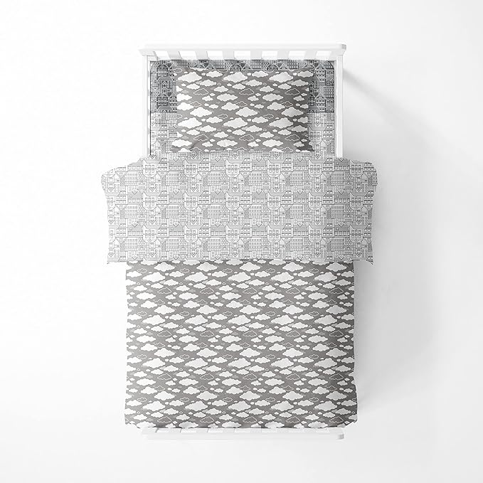 Bacati Clouds in The City 4 Pc Toddler Bedding Set, White/Grey