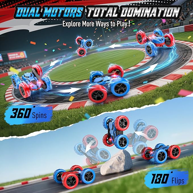 STEM Remote Control Car for Kids, 360° Spinning Double-Sided Coloured Design RC Stunt Car with LED Lights, USB-C Rechargeable Educational Toy for Boys Ages 6–12, Ideal Birthday
