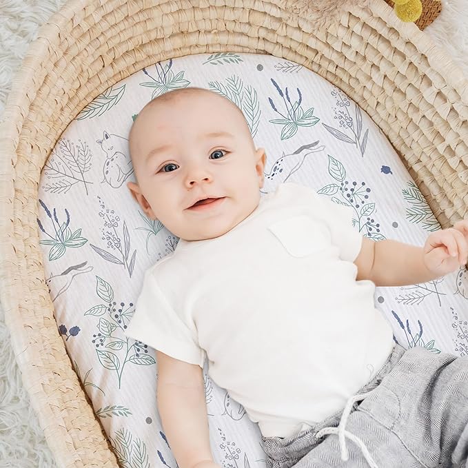 Muslin Bassinet Fitted Sheets, 2 Pack for Baby Boy and Girl, Soft Breathable Baby Pad/Mattress Sheet, Fit for Hourglass Oval and Rectangle Bassinet Mattress (Blue Deer)