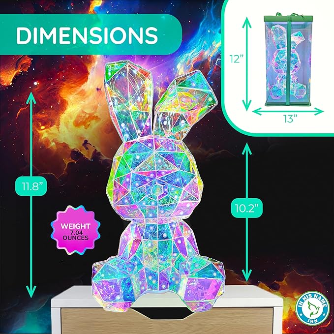 In His Name LED Bunny Night Light Holographic Rainbow Easter Rabbit Lamp Bedside Bunny Light Kids Decoration Boys and Girls Night Light Nursery Lovers Spring Summer Decor Gift