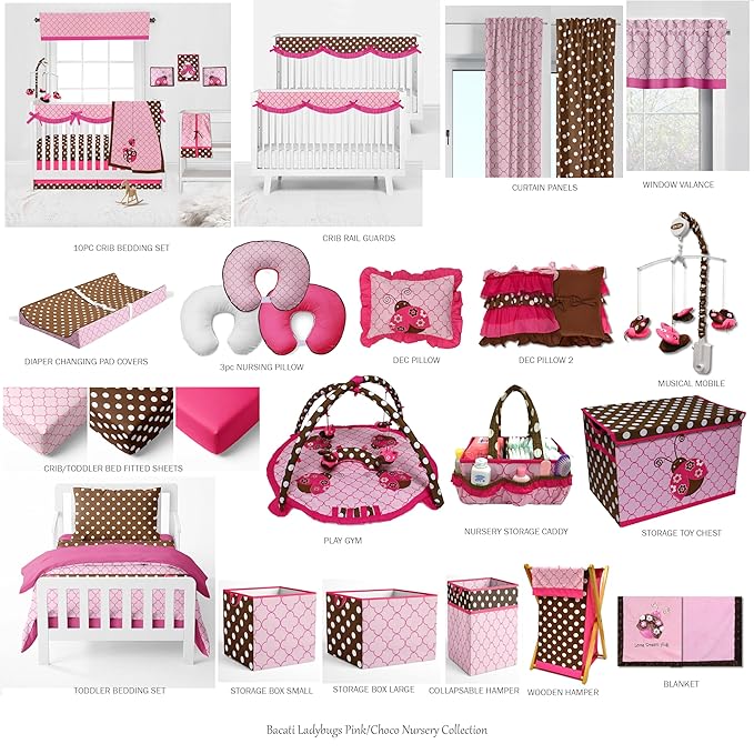 Bacati Butterflies/Ladybug Pink/Chocolate 4 Piece Girls Toddler Bedding Set, 100 Percent Cotton Includes Reversible Comforter, Fitted Sheet, Top Sheet and Pillow Case for US Standard Toddler Bed