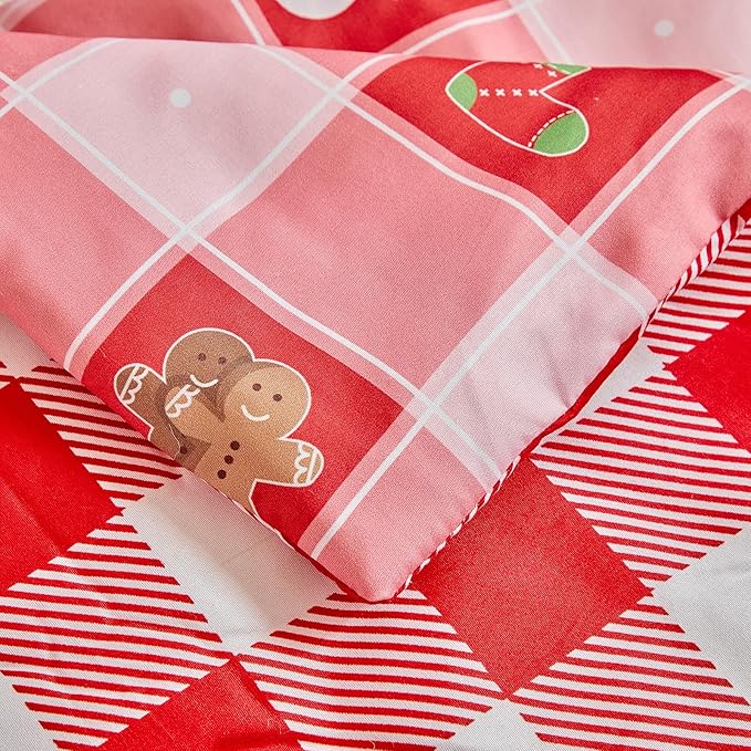Christmas Crib Bedding Set 3 Pcs Pink Red Plaid with Gingerbread Man, Soft Quilted Comforter Sheet & Skirt, Festive Baby Crib Bedding