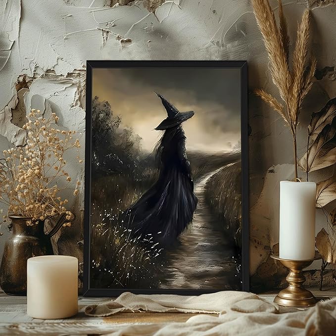 Framed Dark Academia Wall Art Set of 3, Vintage Gothic Skull Witch Wall Decor Paintings, Rustic Moody Spooky Haunted House Prints Pictures for Halloween Living Room 16x24 Inch
