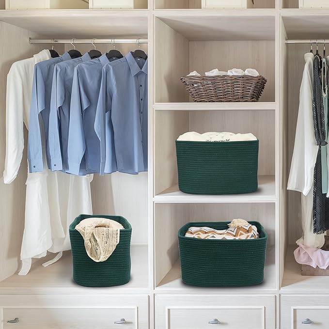 Cotton Rope storage Basket Bins15X10X9.3“ Basket for Organizing Shelves Rectangle Decorative Baskets For storage Clothes Toys Books Towels Square Wicker Nursery basket organizer 3 pack Dark green