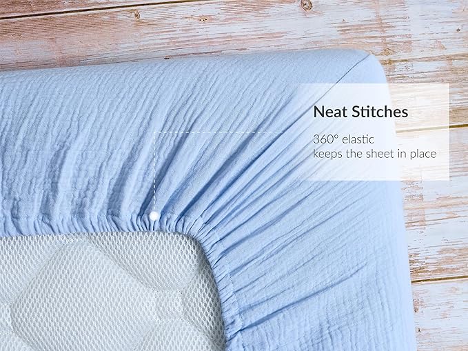 Meracorallo Muslin Crib Sheet, 100% Cotton Fitted Crib Sheet 28x52 Soft and Breathable Baby Boys Girls Cover for Standard Crib and Toddler Mattresses, Sky Blue