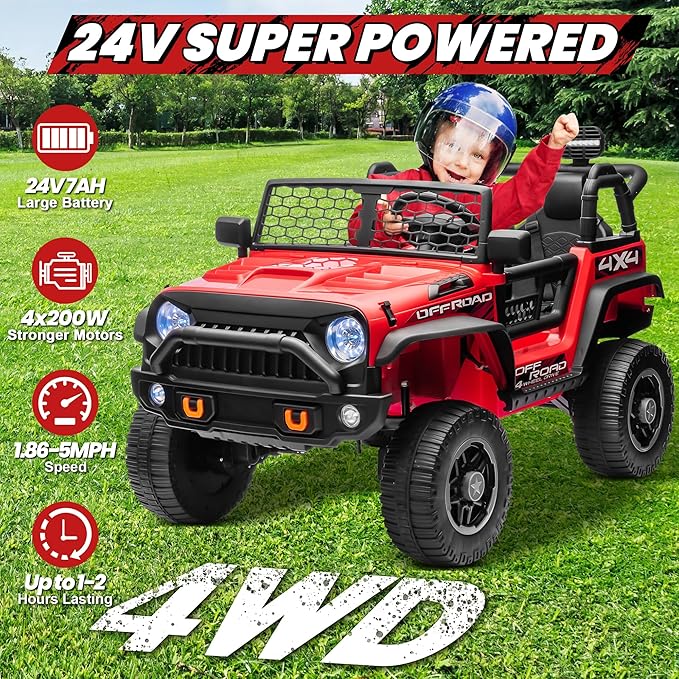 24V XL 2 Seater Ride On Toys Car for Big Kids, 4WD/2WD Switchable Electric Truck w/20'' Wide Seat, Remote Control, 4-Wheeler Suspension, Xmas & Birthday Gift Ideas for Kid Boys Girls, Red