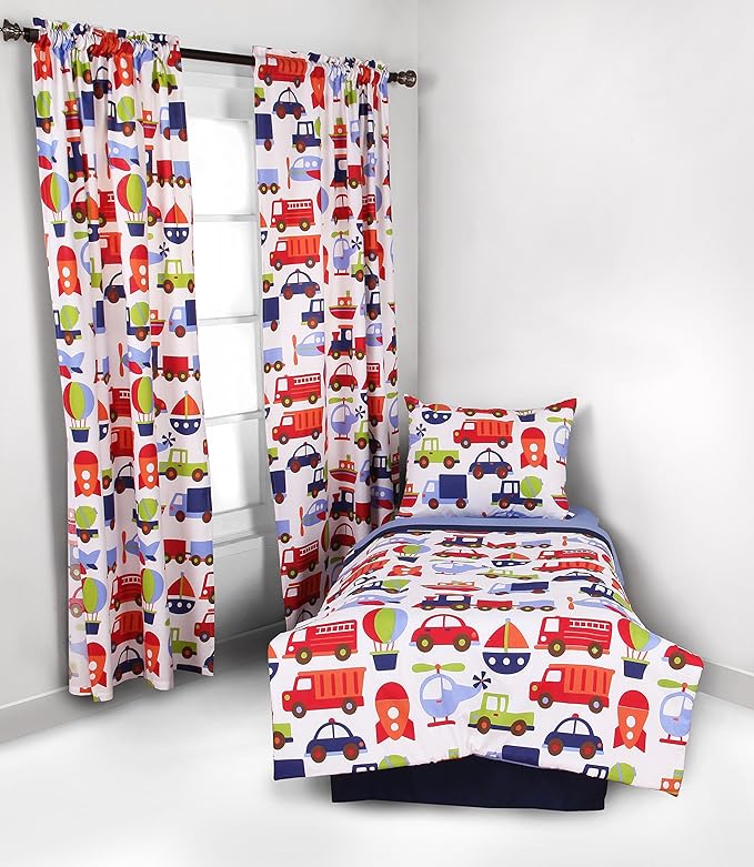 Bacati - Transportation Blue 4 Piece Boys Toddler Bedding Set 100 Percent Cotton Includes Reversible Comforter, Fitted Sheet, Top Sheet, and Pillow Case for Boys