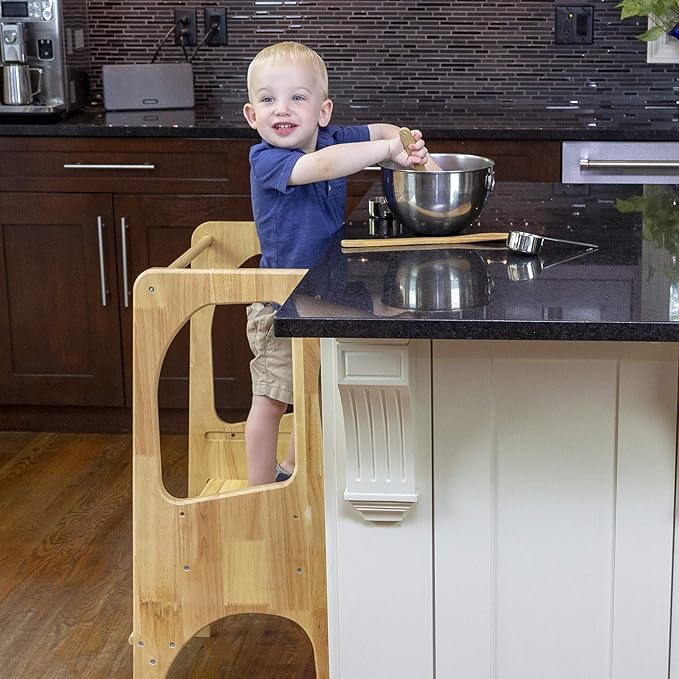 KATANABANA Kids Kitchen Step Stool Helper Made from Hardwood - Montessori Standing Tower for Learning (Natural)