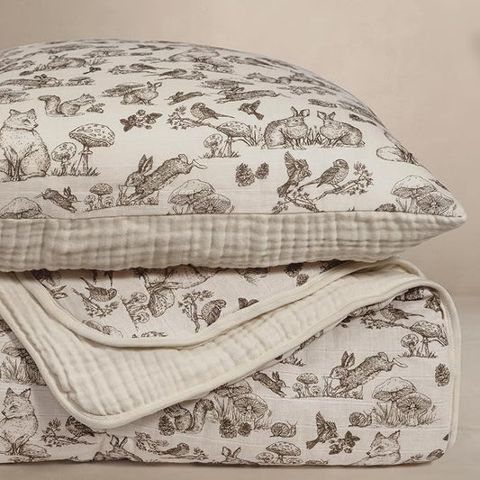 Oilo 100% Organic Premium Cotton Muslin Crib Quilt & Sham Set, (45" x 60") Print and Solid Sides, Extra-Soft & Lightweight, Fits Toddler Beds, Heirloom Organic Collection, Woodland Animals