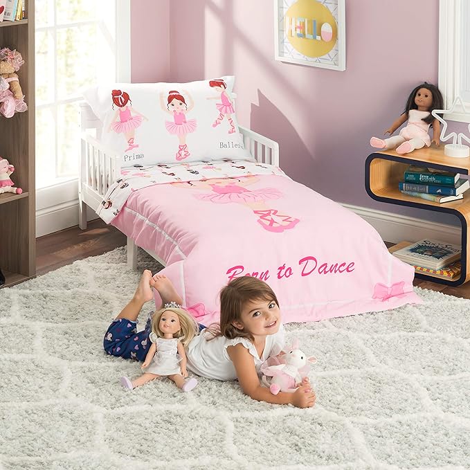 EVERYDAY KIDS 4 Piece Toddler Bedding Set -Born to Dance Ballerina- Includes Comforter, Flat Sheet, Fitted Sheet and Reversible Pillowcase