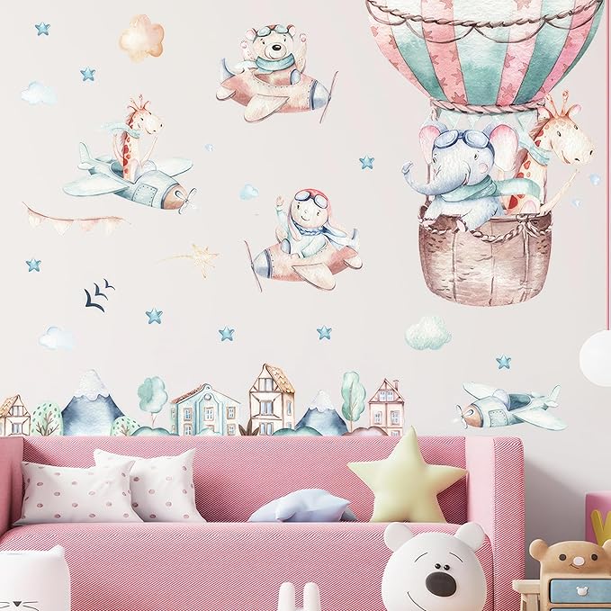 Ollaland Flying Animals Wall Decals - Peel and Stick Hot Air Balloon Animals Wall Stickers, Aircrafts Decor for Baby Nursery, Toddler & Kids Bedroom Walls - Airplanes, Elephant, Giraffe, Bear