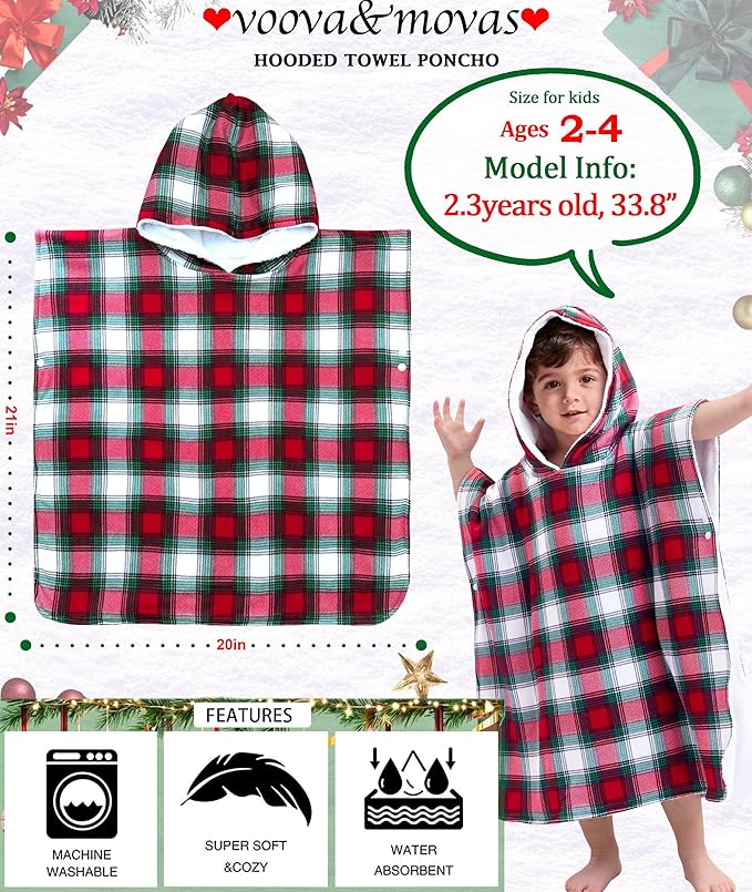 VOOVA & MOVAS Double-Layered Baby Hooded Towel Poncho (2-4 Years, 20x21 Inches) | Ultra Soft & Absorbent Cotton | Thick Toddler Bath Towel for Swimming, Beach, Shower & Winter, Red Bufflo
