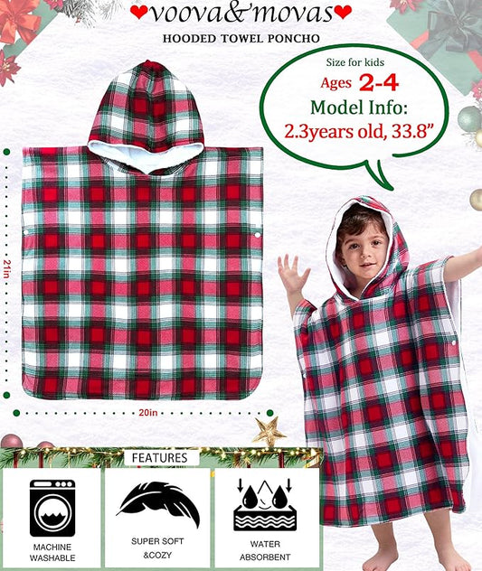 VOOVA & MOVAS Double-Layered Baby Hooded Towel Poncho (2-4 Years, 20x21 Inches) | Ultra Soft & Absorbent Cotton | Thick Toddler Bath Towel for Swimming, Beach, Shower & Winter, Red Bufflo