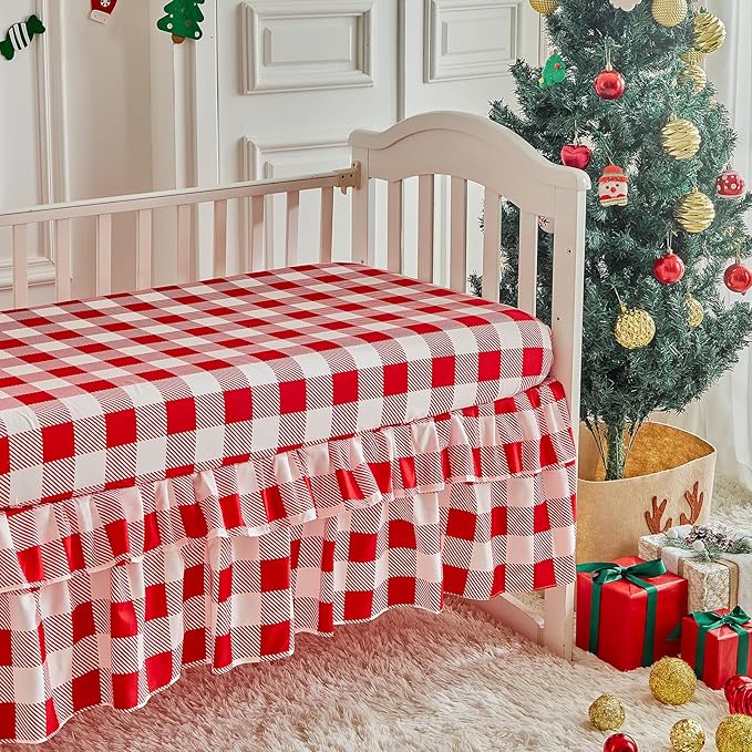 Christmas Crib Bedding Set 3 Pcs Pink Red Plaid with Gingerbread Man, Soft Quilted Comforter Sheet & Skirt, Festive Baby Crib Bedding