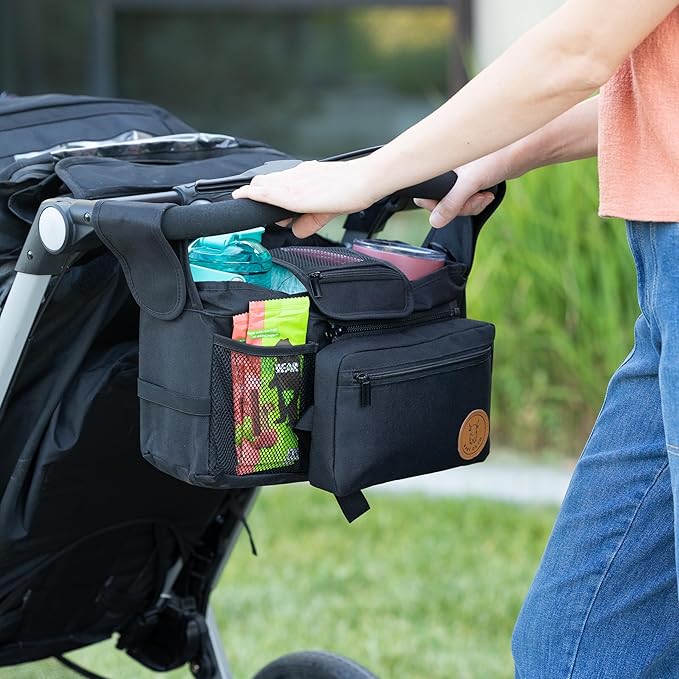 BABY OX CO. Universal Stroller Organizer with Insulated Cup Holders | Detachable Phone/Wipe Pouch & Shoulder Strap Stroller Caddy | Spacious, Fits Jogger, Umbrella, Travel & Pet Strollers