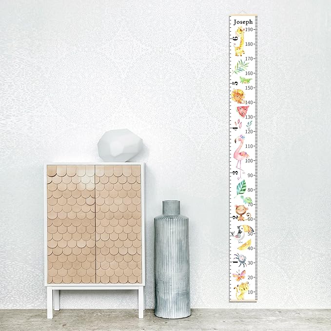 Personalized Growth Chart for Kids, Baby Height Chart with Custom Name, 77"x7.9" Canvas and Beige Wood Height Measuring Rulers for Boys Girls Removable Wall Ruler Hanging for Nursery Decor - Animals